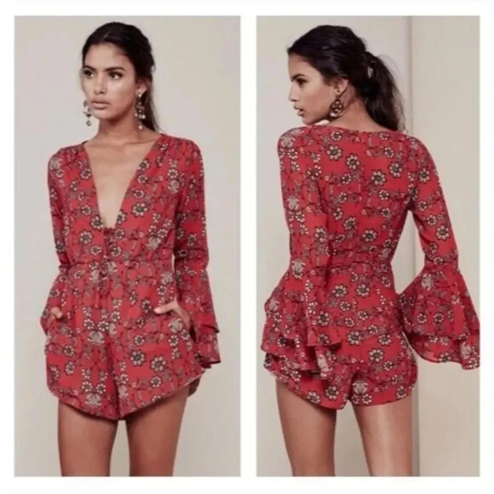 For Love & Lemons Boho Red Floral Pia romper size‎ M Boho Free - Picture 4 of 11